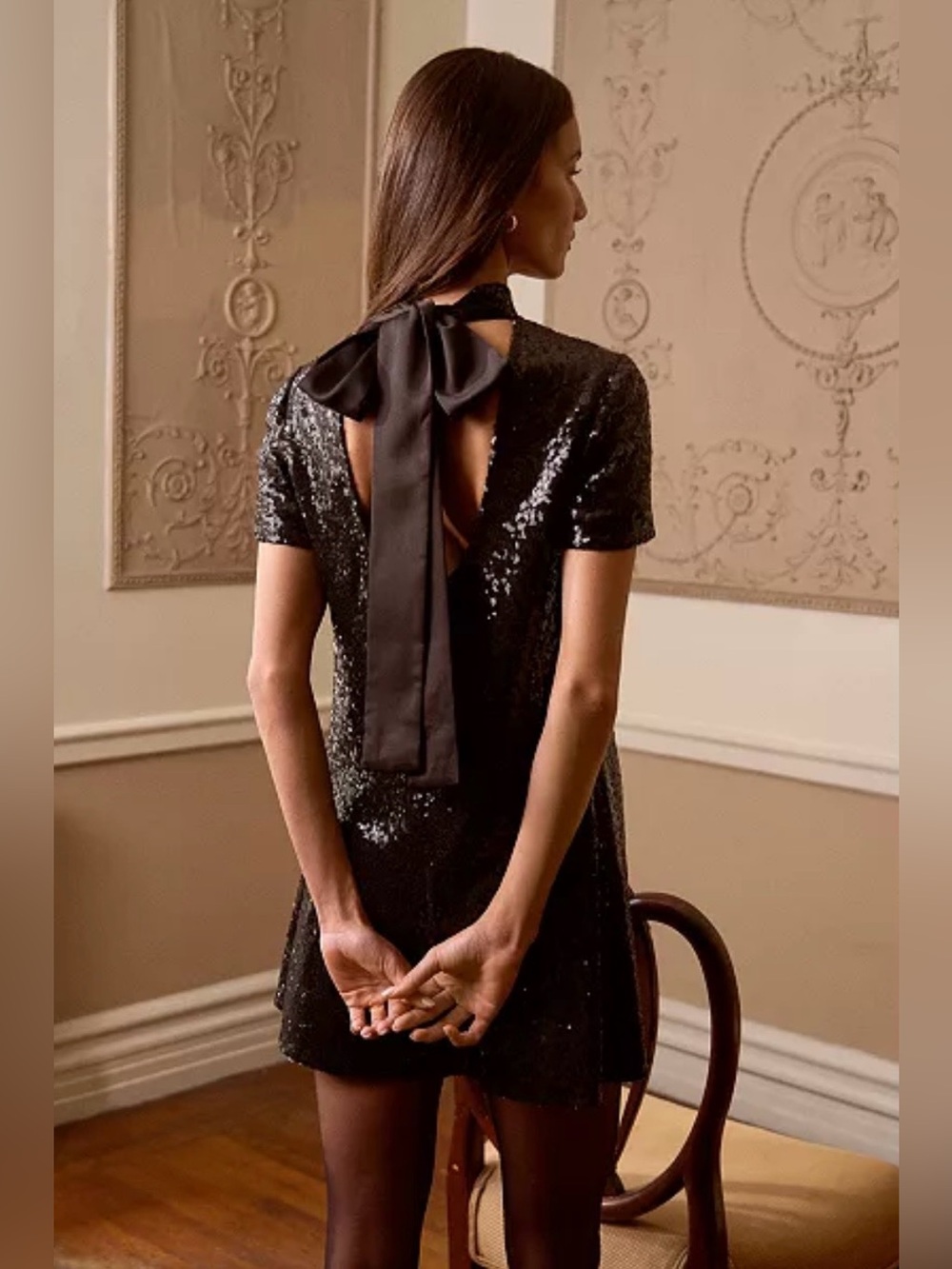 CeCe X’s and Bows Back Sequin A-Line Mini Cocktail Dress Black Size Large NWT!